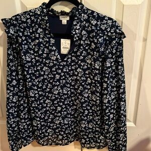 Ladies J Crew blouse NWT. Navy blue with white flowers. Size large.